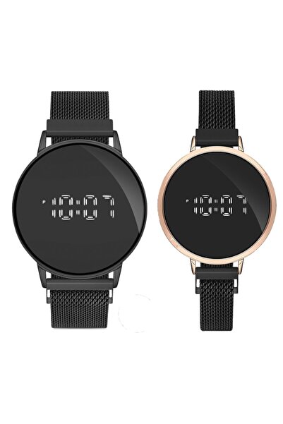 DESİNGSHOP Mıknatıslı Hasır Unisex Dijital Led 2li Kol Saati