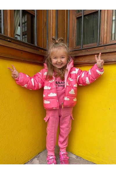 Pink Hippo Kids Girl's Cloud Printed Coat and Tracksuit Set 3 Pieces