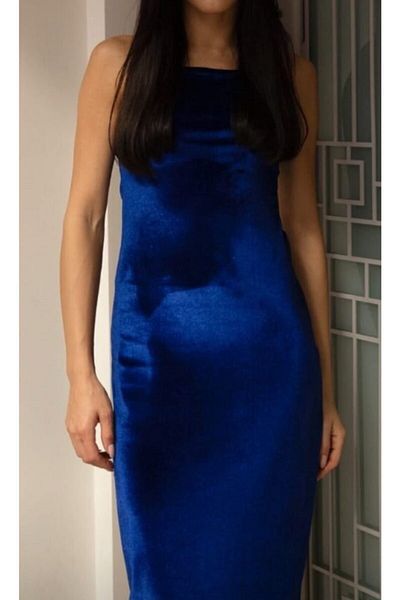 dükkan10butika Rochie de damă din catifea decoltată cu bretele la spate Saks Blue