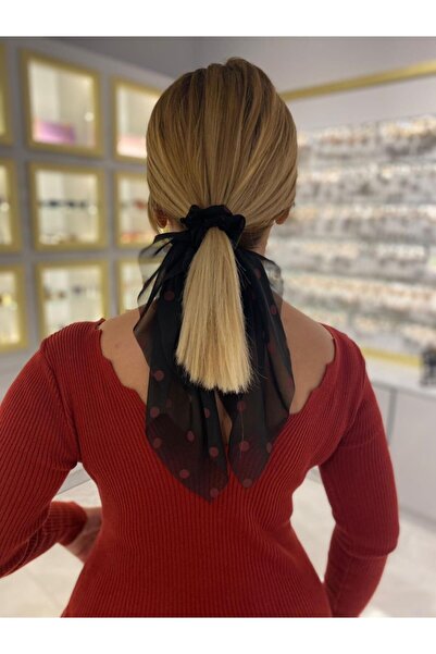 elvin aksesuar Siyah Bordo Puantiyeli Fularlı Simit Toka