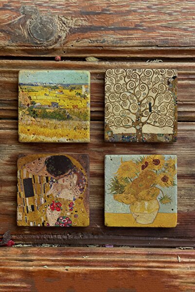 Oscar Stone Decor Taş Bardak Altlığı Stone Coasters - 4lü Set An Gustav Klimt...