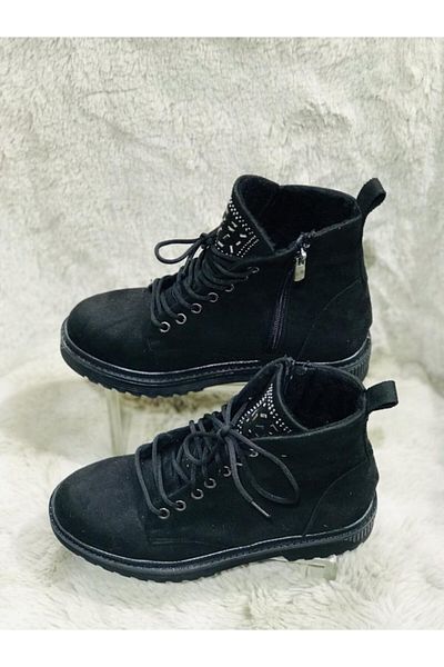 Aysun Ayakkabı Women's Zippered and Laced Water and Cold Weather Resistant Boots with Black Stone Accessories