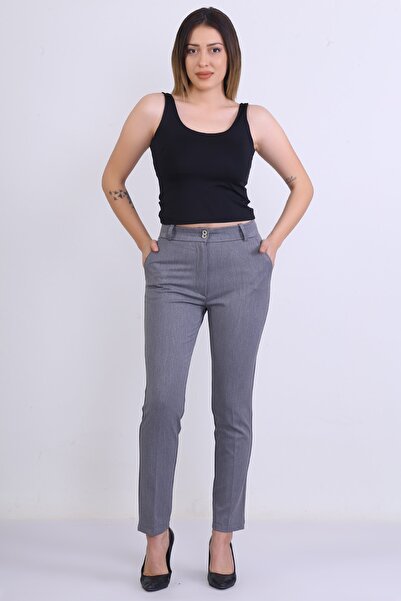 Canseven Fashion Kadın Yüksek Bel Kalem Kesim Kumaş Gri Pantolon