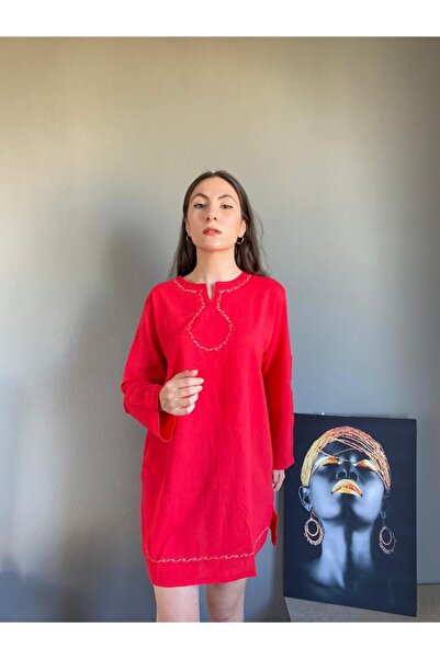 Esvap Butik Short Sleeve Tunic Şile Cloth with Embroidery on the Front