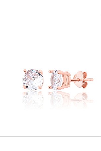 Zanaatsilver 925 Ayar Gümüş Rose Kaplamalı Pırlanta Montürlü Tektaş Küpe 6 Mm