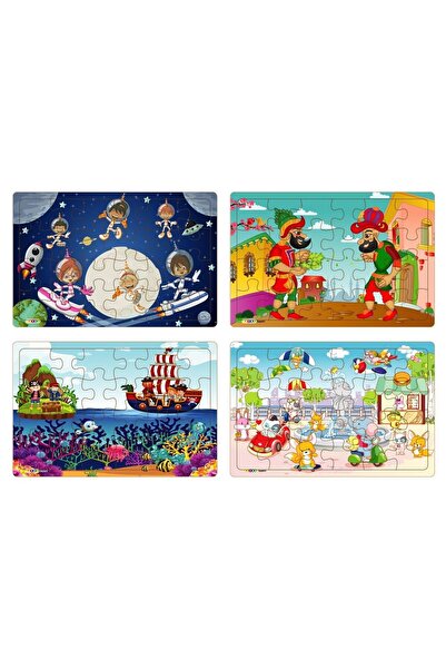 Hayal Sepeti Yeni 4 Adet 24 Parçalı Ahşap Puzzle Yapboz Uzaylı Çocuklar, Kara...
