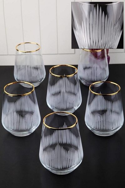 panayır Gold Gilded Cut Glass Water Glass Set for 6 Persons Striped Lal