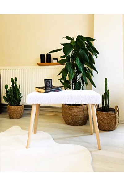 WEBPANYA Gürgen Retro Ahşap Ayaklı Handmade Beyaz Pofidik Puf Bench Koltuk Sa...