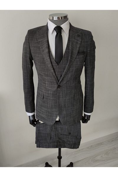 Marca Uno Slim Fit Slim Fit Micro Patterned Vest Suit (with Tie and Handkerchief as Gift)