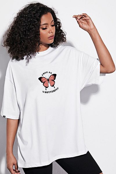 DEEPSENCE Women's Oversize T-shirt Butterfly Front Print White
