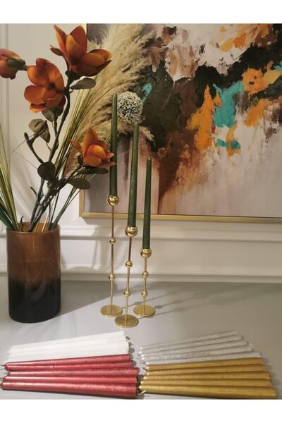 ABETE Iv Candles 3'lü Yeşil Varaklı Şamdan Mumu