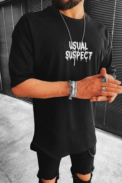 MODAGEN Men's Black Usual Suspect Text Printed Long Oversize T-shirt