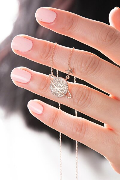 Bilsen Store 925 Ayar Gümüş Zincirli Rose Kaplama Beyaz Taşlı Gezegen Model Kolye