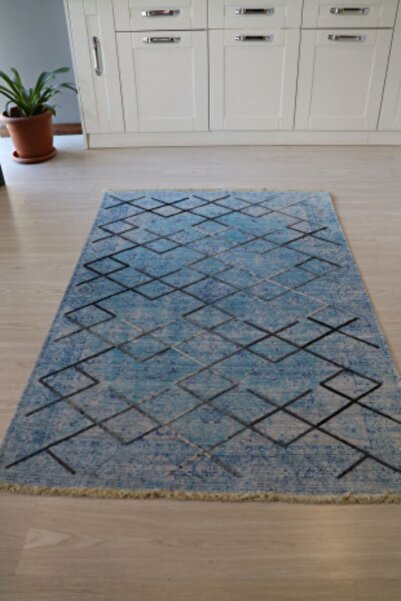 Just Arte Dekoratif Kaymaz Mutfak Kilimi Makinada Yıkanabilir Modern Halı Koridor Yolluk Mavi 120x180