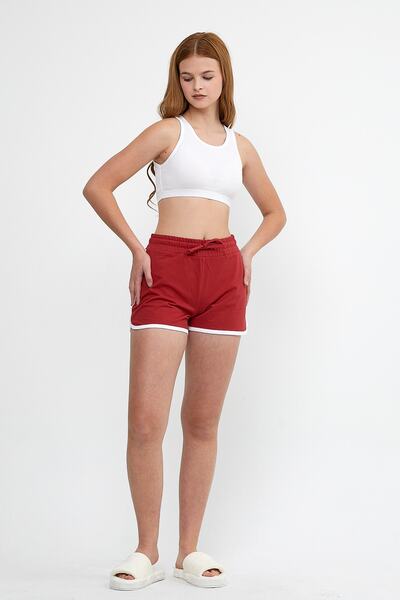 UNV COLLECTION Kadın Kırmızı Belden Bağlamalı Biye Detaylı Mini Şort