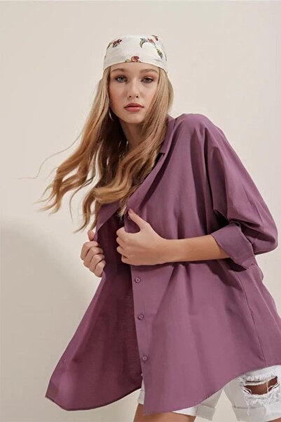 locawear Kadın Koyu Lila Oversize Uzun Basic Gömlek