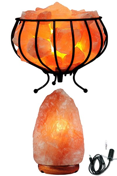 aktarloji 2-piece set wrought iron himalayan salt lamp + 1-2 kg himalayan roc...