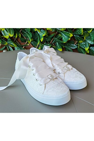 Ayakkabı Tutkusu Stilo ® Gelin Ayakkabısı Fildişi Spor Saten Üzeri Dantelli Aşırı Rahat Saten Kurdele