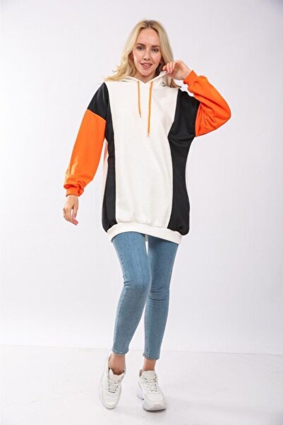 Kadın Karışık Renkli Pamuklu Örme Kapüşonlu Sweatshirt
