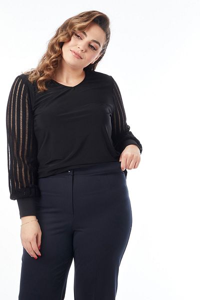 Moda Alba Navy Blue Classic Large Size High Waist Fabric Trousers with Elastic Waist