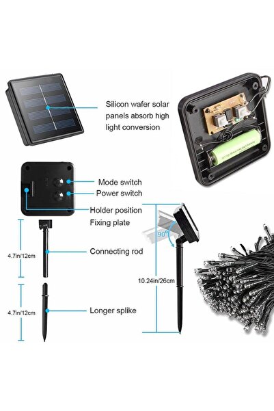 Schulzz Solar Güneş Enerjili Dış Bahçe 8 Modlu 20metre 200 Led Aydınlatma Çok Renkli