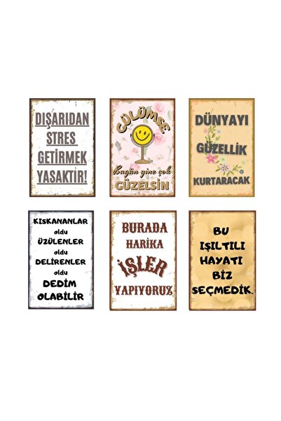 Hayal Poster Motive Edici Duvar Yazıları 6 Lı Retro Ahşap Poster Seti