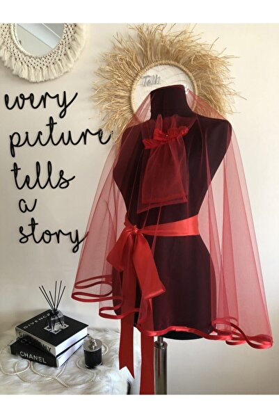 TELLİ DUVAK Biyeli Duvak Kırmızı + Kuşak + Eldiven