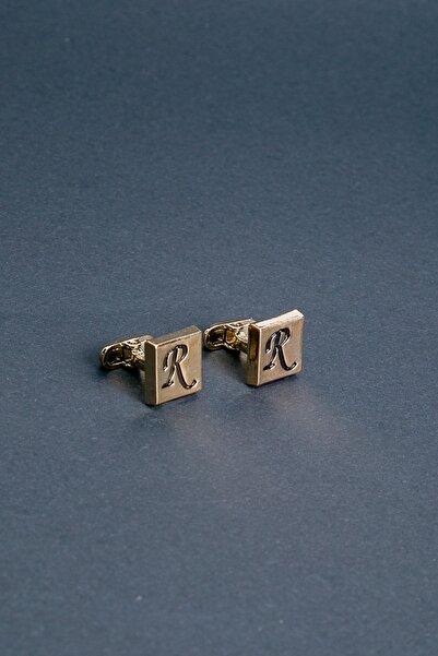 BAYEFENDİ Ahşap Kutulu Sarı Renk Kare Formlu Kol Düğmesi R Harfi