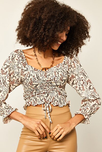 XHAN Dámská béžová sbíraná halenka s květinovým vzorem 1KZK2-11221-25