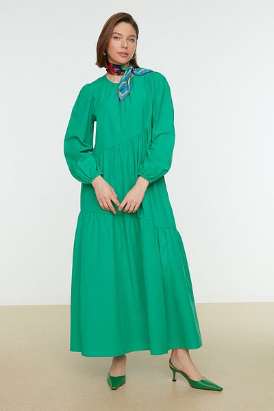 Trendyol Modest Green Gather Detailed Cotton Wide Fit tkané šaty TCTSS21EL3470