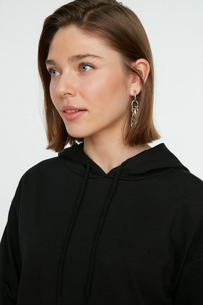 Trendyol Modest Black Hooded Kangaroo Pocket Slit Detailed Basic Knitted Sweatshirt TCTAW22TW0139