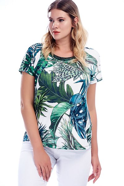 Şans Women's Large Size Green Collar Glittered Short Sleeve Patterned Blouse 65n30467
