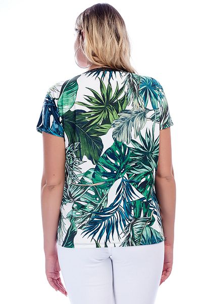Şans Women's Large Size Green Collar Glittered Short Sleeve Patterned Blouse 65n30467