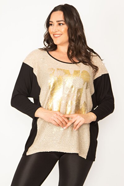 Şans Women's Large Size Black Two-Tone Tunic with Lacquer Print Detail on the Front 65n31028