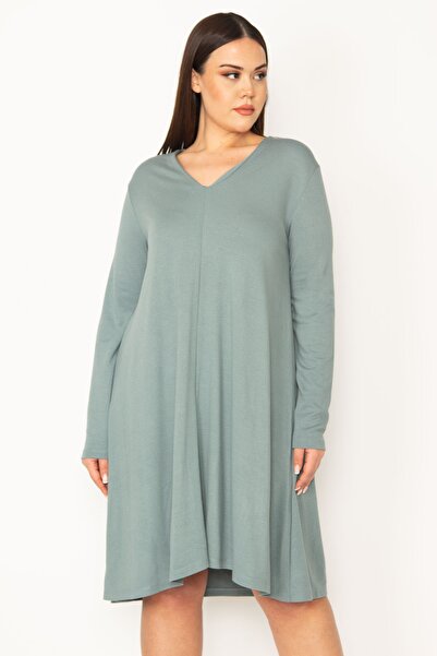 Şans Women's Large Size Green V-Neck Long Sleeve Dress 65n34945