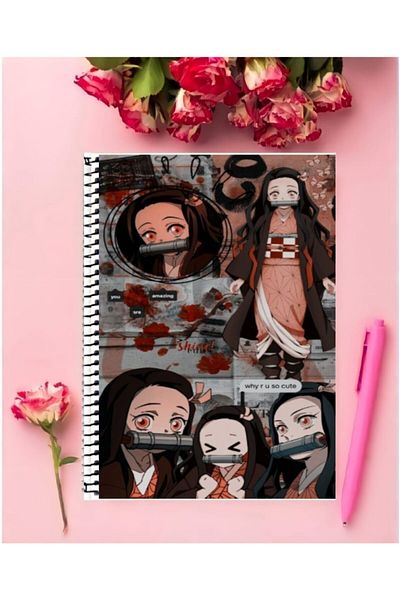 ROLLAS STORE Nezuko Kamado Anime Notebook 1 Piece Special Design A4 Size 21*29 Cm Wired Striped Notebook