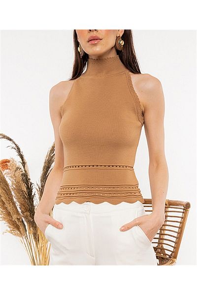 AQE FASHION Γυναικεία λαιμόκοψη με δαντέλα με λεπτομέρεια μπλούζα Camel