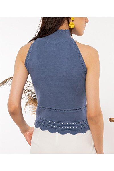 AQE FASHION Жіноча блуза з коміром-хомутом і мереживними деталями, індиго