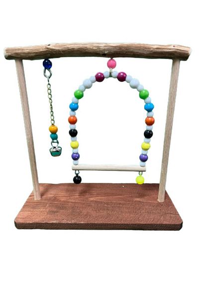 Wooden Bird Stand Perch with Swing and Toy Brown