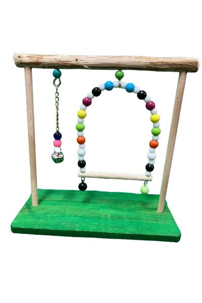 Wooden Bird Stand Perch with Swing and Toy (green Color)