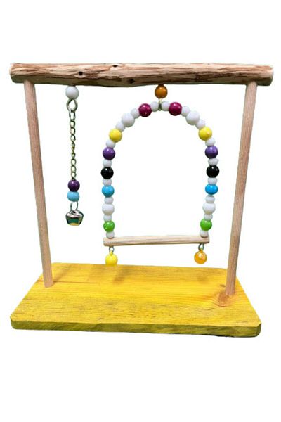 Wooden Bird Stand Perch with Swing and Toy Yellow Color