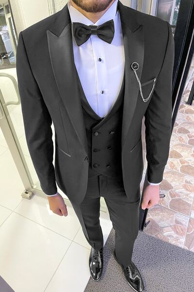 NAZEF Dar Kesim Kırlangıç Yaka Damatlık Yelekli Siyah Takımelbise