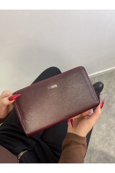 DERKON Genuine Leather Unisex Claret Red Wallet with Phone and Pen Compartment
