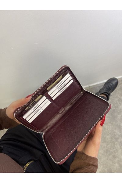 DERKON Genuine Leather Unisex Claret Red Wallet with Phone and Pen Compartment
