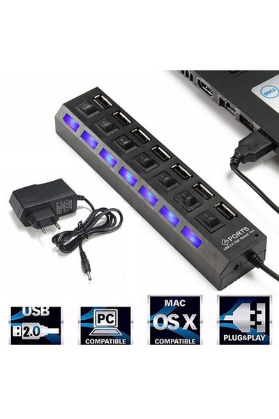 WOZLO 7 Port Usb Hub Multiplexer With On / Off Button Illuminated