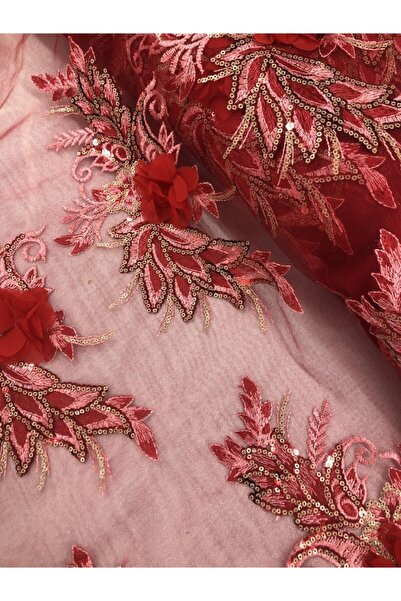 öztayteks Kırmızı 3 Boyutlu Çiçek Işlemeli Pullu Tül Kumaş Tül01