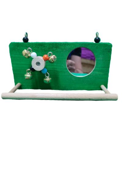 Wooden Bird Wheel And Mirrored Side Wire Perch (GREEN COLOR)