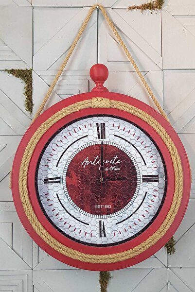 Genel Markalar Kırmızı Saatiko Halatlı Ahşap Duvar Saati Kan Kırmızı 52 x 52 ...