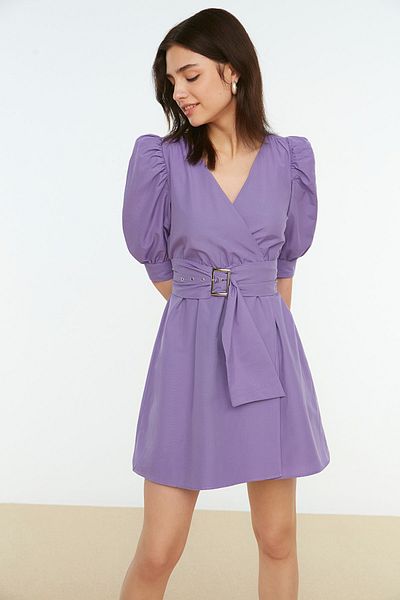 Trendyol Collection Μίνι υφαντό φόρεμα με ζώνη λιλά, ανοιγόμενη με μπαλόνι μανίκι TWOSS20EL0619