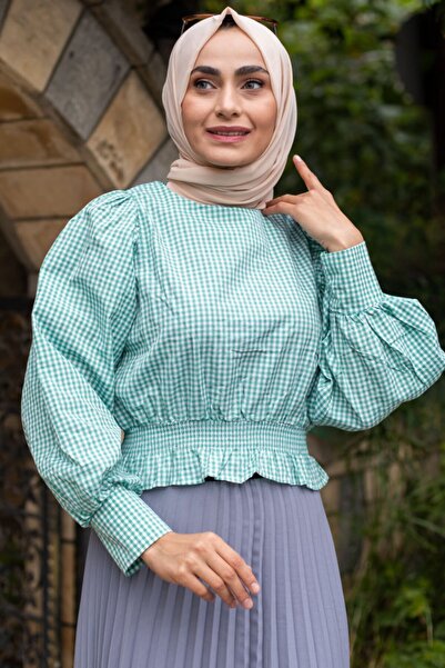 Feiza Collection Balon Kol Ekose Bluz - Yeşil